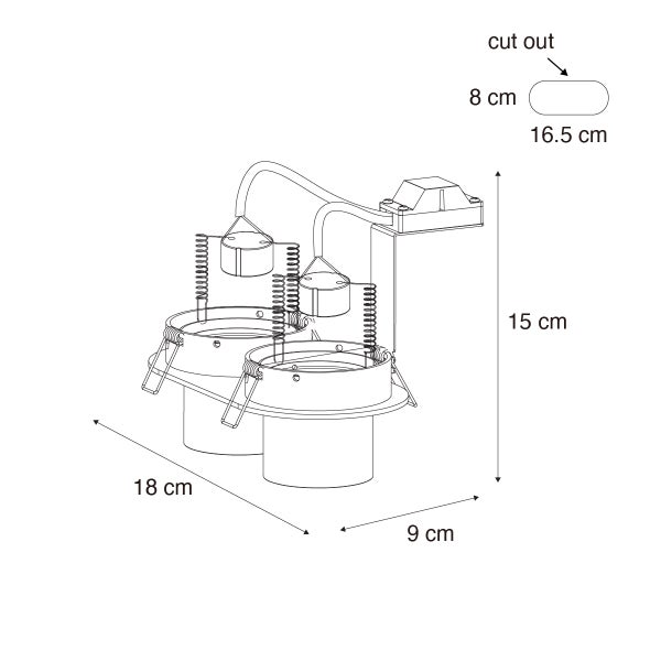 Maßzeichnung eines zweiflammigen Einbaustrahlers, Maße 18 mal 9 mal 15 Zentimeter, Ausschnitt 16,5 mal 8 Zentimeter.