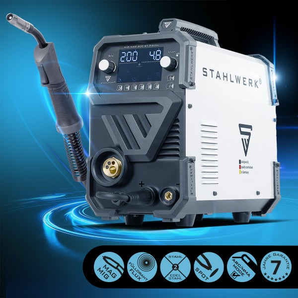 Stahlwerk MIG MAG 200 ST Digital Schweißgerät mit Stahlwerk Logo und Siegel für sieben Jahre Garantie
