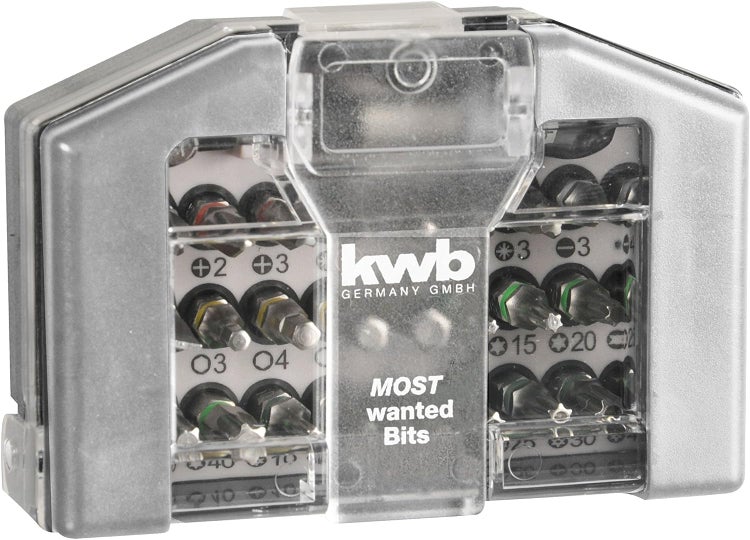 kwb Most Wanted Bit-Box  32-tlg inkl. Bits, Schnellwechsel-Bithalter mit Magnet in stabiler Kunststoff-Box mit Gürtelclip