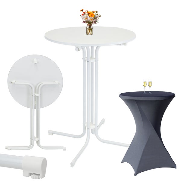 Set Stehtisch klappbar Ø 80 cm in Weiß & Husse Anthrazit bügelfrei für Gastrotisch Bistrotisch