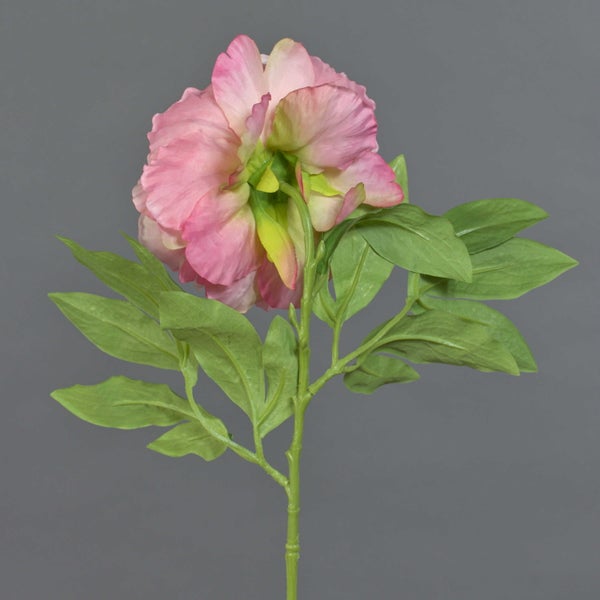 Künstliche Pfingstrose mit einer rosa Blüte und grünen Blättern.
