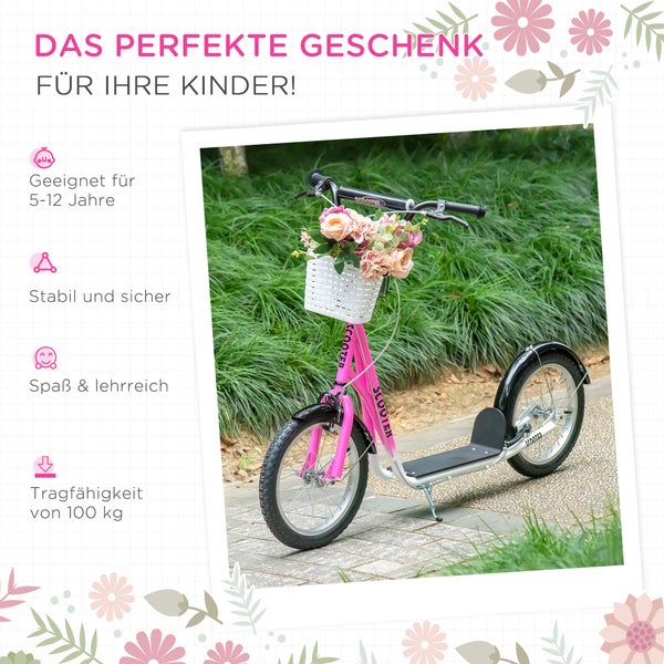 HOMCOM Kinderroller, 139L x 58B x 96H cm, Metall, Kunststoff, Aluminiumlegierung, Gummi, Rosa