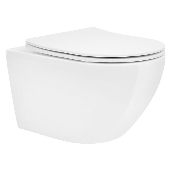 ECD Germany Spülrandloses Hänge WC aus Keramik in Weiß mit Nano Beschichtung, Wand-WC lang 52 cm, Toilette mit WC-Sitz abnehmbar aus Duroplast Softclose Absenkautomatik, Tiefspüler-WC mit Lotus Effekt