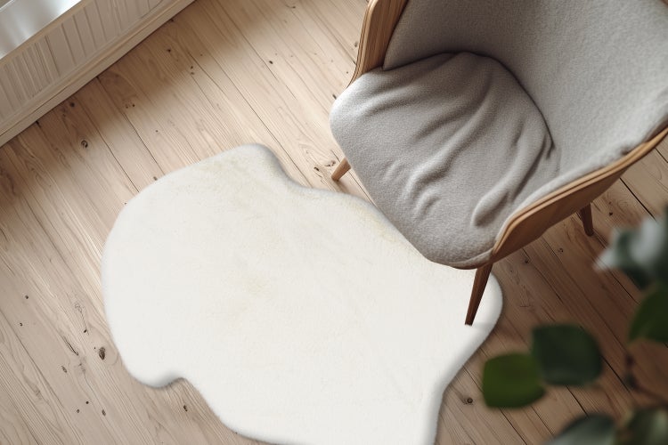 Ein flauschiger Kunstfellteppich in organischer Form auf einem hellen Holzboden vor einem Sessel.