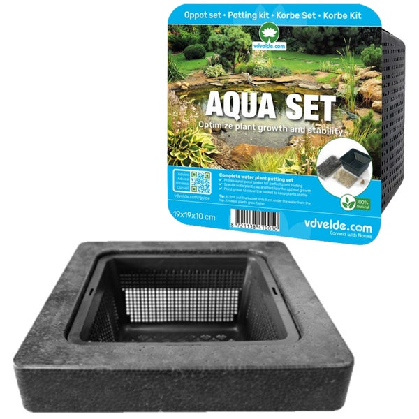 Aqua Set Teichpflanzen-Umtopfset von vdvelde.com, inklusive Pflanzkorb 19 mal 19 mal 10 Zentimeter, Spezialerde, Dünger und Kies.