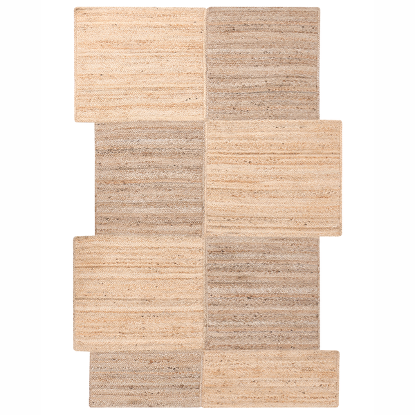 Gewebter Jute-Teppich mit versetztem Blockmuster in Beige und Braun.
