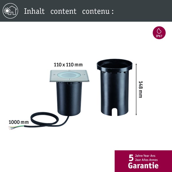 Bodeneinbaustrahler für außen, Gehäuse, 1000 Millimeter Kabel. Maße 110 mal 110 Millimeter, Höhe 148 Millimeter. IP67 wasserdicht, 5 Jahre Garantie.