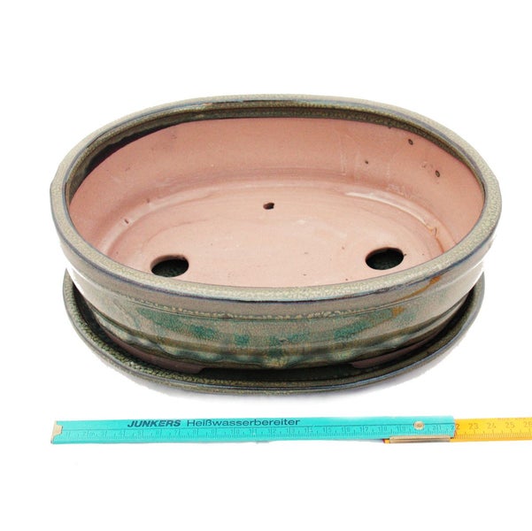 Bonsai-Schale mit Unterteller Gr. 4 - Oliv-Braun - oval - Modell O7 - L 26cm - B 21cm - H 7,5cm