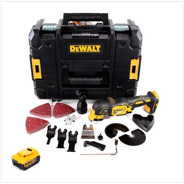DeWalt Akku-Multifunktionswerkzeug 18 Volt Set mit Akkumulator, TSTAK Koffer und umfangreichem Zubehör wie Sägeblätter und Schleifpapier.