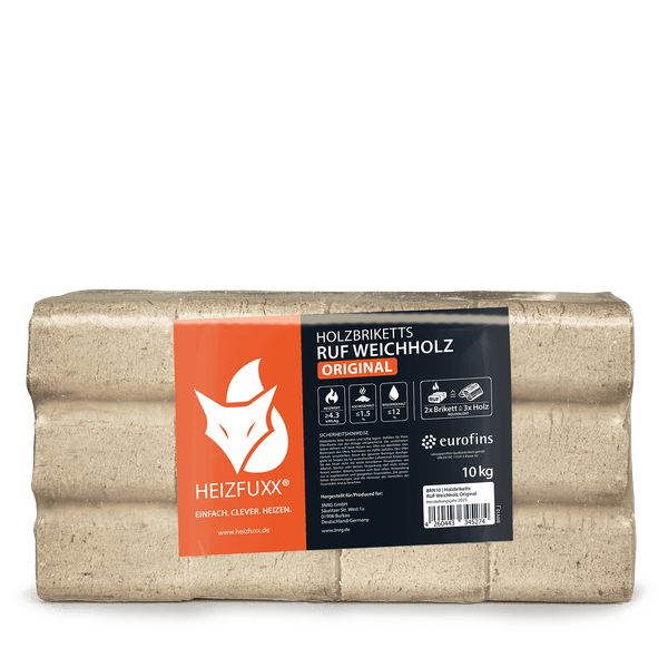 Holzbriketts RUF Weichholz von HEIZFUXX, 10 Kilogramm Packung.