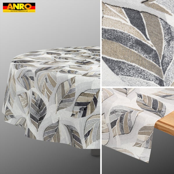 ANRO Tischdecke und Tischläufer mit Blattmuster in Grau und Beige, Detailansicht der Stoffstruktur und ANRO Logo.