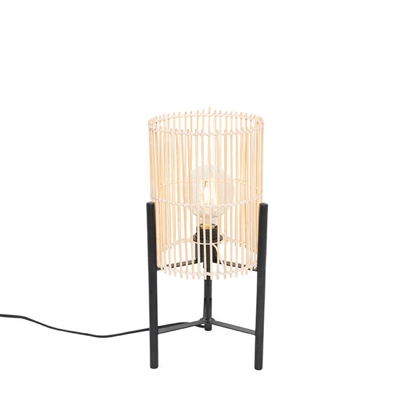 Tischleuchte mit Lampenschirm aus Bambus und Metallfuß