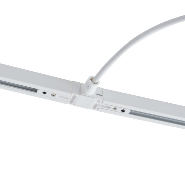 Detailaufnahme einer Stromschienenschiene mit weißem Kabelanschluss