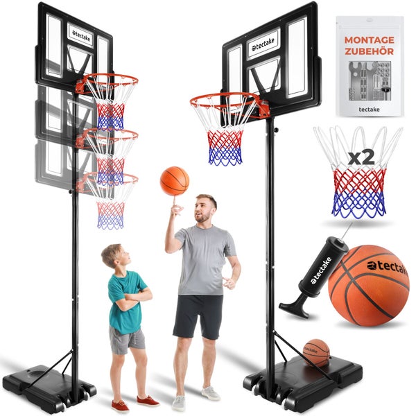 Höhenverstellbare Basketballanlage mit Korb, zwei Netzen, Ball und Luftpumpe. Inklusive Montagezubehör. tectake Logo.