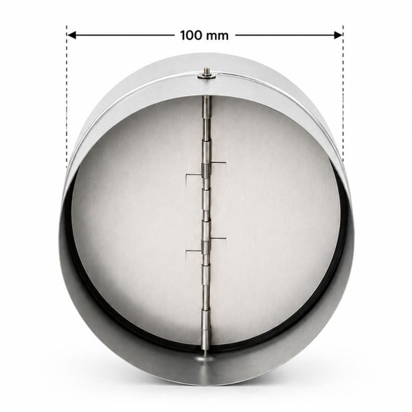 Rückstauklappe aus verzinktem Stahl für Lüftungsrohre mit einem Durchmesser von 100 Millimeter.