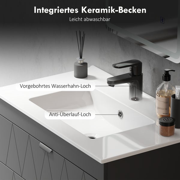 Integriertes Keramik-Waschbecken auf einem Waschtischunterschrank mit Armatur, Überlaufloch und vorgebohrtem Hahnloch.