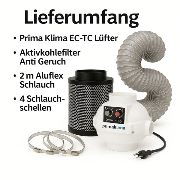 Prima Klima EC-TC Lüfter Set mit Aktivkohlefilter, Aluflex Schlauch und Schlauchschellen