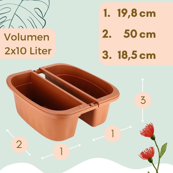 Blumenkasten mit den Maßen 19,8 cm mal 50 cm mal 18,5 cm und einem Volumen von 2 mal 10 Liter