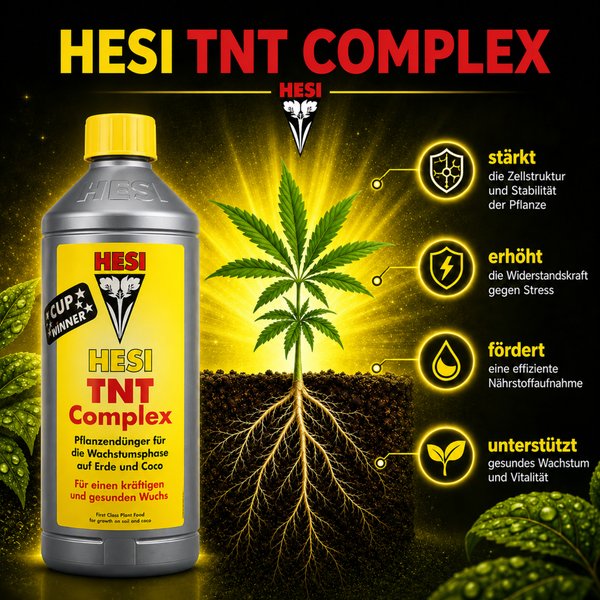 Hesi TNT Complex Pflanzendünger für die Wachstumsphase auf Erde und Coco inklusive Produktvorteilen und Pflanzenabbildung.