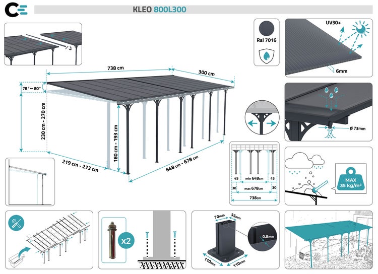 Angebaute Pergola/Carport 24m² KLEO 800L300 Aluminium Grau