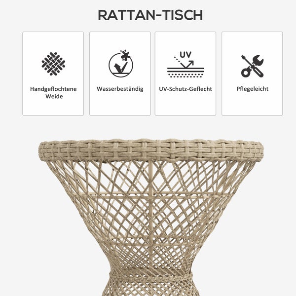 Outsunny Beistelltisch Rattan Gartentisch, 45 x 45 cm Couchtisch mit UV-Schutz, Balkontisch mit Tischplatte aus Sicherheitsglas, Kaffeetisch im Boho-Design, Braun