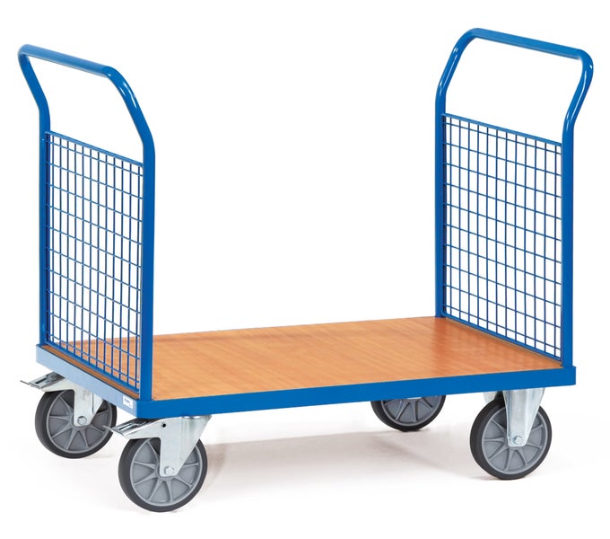 Blauer Gitterwagen mit Holzplattform und vier Rädern