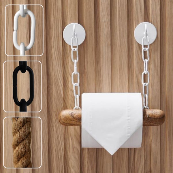 Toilettenpapierhalter aus Holz mit Kettenaufhängung, Detailansicht verschiedener Aufhängungsvarianten wie Kette und Seil.