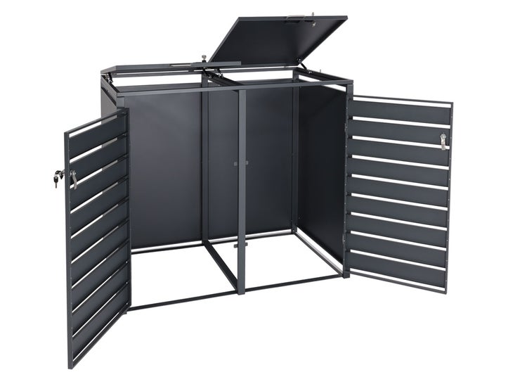 Mülltonnenbox für drei Tonnen mit geöffneten Türen und geöffnetem Deckel.