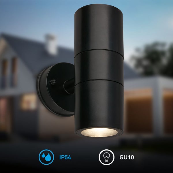 Zylindrische Außenwandleuchte in Schwarz, Up-and-Down-Licht, Schutzart IP54, GU10 Fassung.