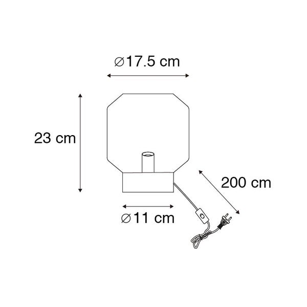 Technische Zeichnung einer Tischleuchte mit Abmessungen