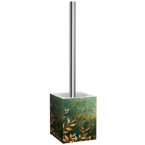 WC-Bürstengarnitur mit quadratischem Halter, verziert mit goldenem Blattmuster, inklusive Edelstahl-Stiel