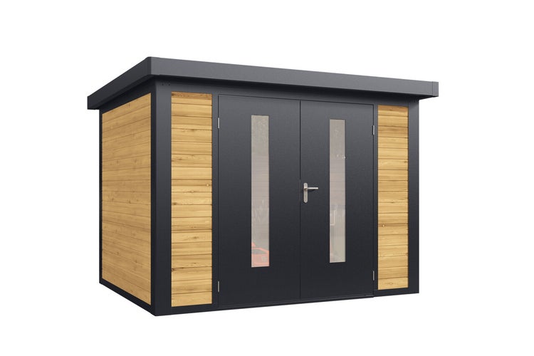 Modernes Gartenhaus mit Flachdach, Materialmix aus Metall und Holzoptik, Doppelflügeltür mit Glaseinsätzen für den Garten.