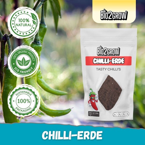 Bio2Grow Chili-Erde in Verpackung mit Hinweisen zu natürlichen Inhaltsstoffen und nachhaltiger Verpackung