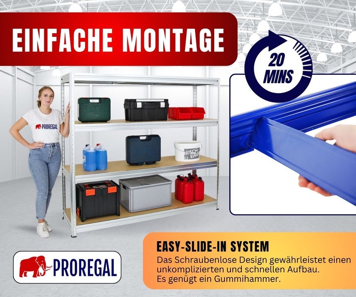 Proregal Schwerlastregal mit vier Fachböden, beladen mit Boxen. 20 Minuten Montagezeit durch schraubenloses Stecksystem. Proregal Logo.