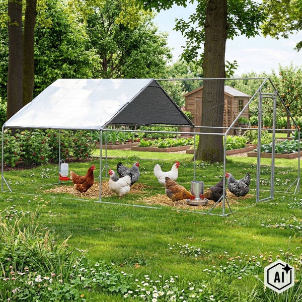 Großer Hühnerauslauf mit Metallrahmen und Sonnenschutzdach im Garten mit freilaufenden Hühnern.