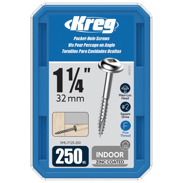 Kreg Logo, Taschenlochschrauben 32 Millimeter, verzinkt, Feingewinde, Maxi-Loc-Kopf, Nummer 2 Vierkantantrieb, Innenbereich, 250 Stück.