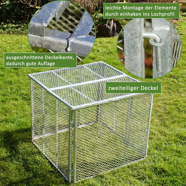 Quadratischer Komposter aus verzinktem Drahtgitter mit zweiteiligem Deckel und Stecksystem für einfache Montage im Garten.