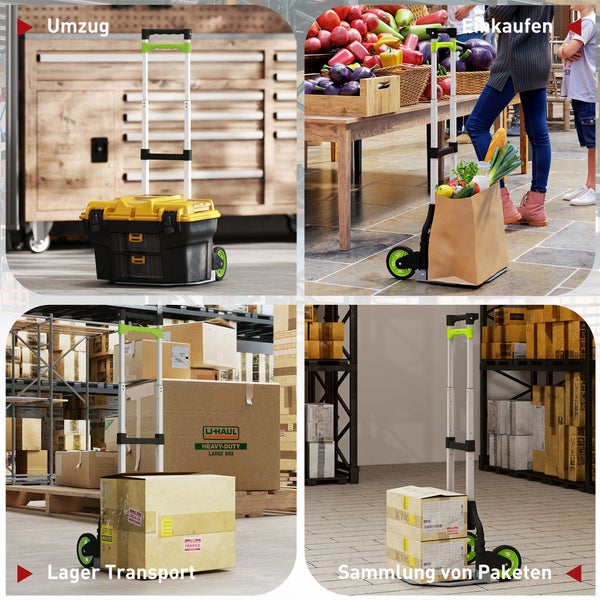 Mehrfachansicht eines Trolleys im Einsatz beim Umzug, beim Einkauf, beim Lagertransport und bei der Paketsammlung.