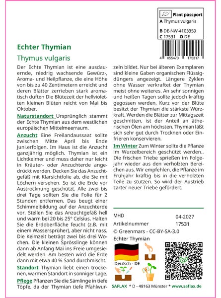 SAFLAX Garden to go - Echter Thymian - Thymus vulgaris - 200 Samen - Mit Topf, Klima - Deckel und Anzuchtsubstrat