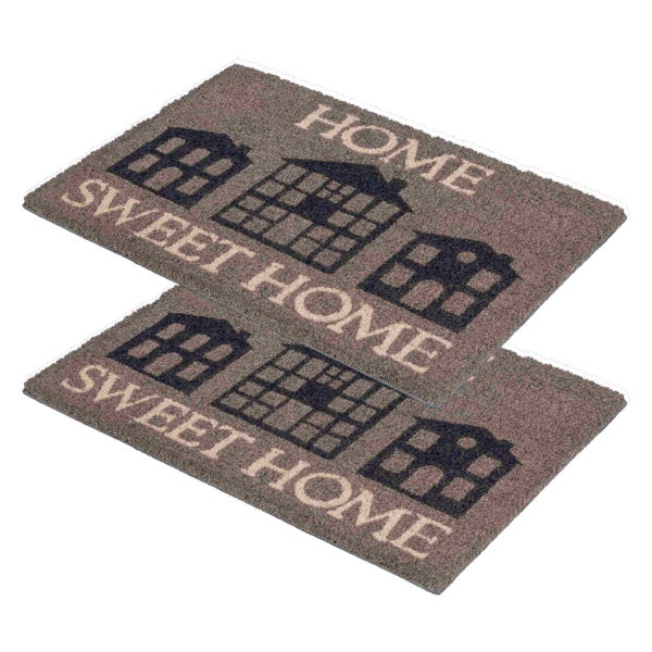 Zwei Fußmatten mit der Aufschrift Zuhause Süßes Zuhause und Hausmotiven