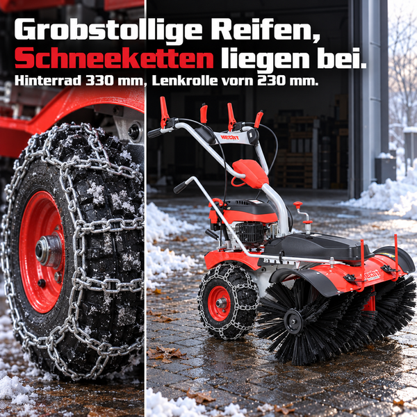 Hecht Kehrmaschine mit grobstolligen Reifen und Schneeketten, Hinterrad 330 Millimeter, Lenkrolle vorne 230 Millimeter für den Wintereinsatz.