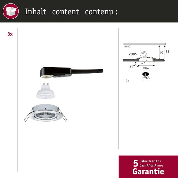 3 Einbaustrahler mit GU10 LED. Tiefe 40 Millimeter, Ausschnitt 68 Millimeter, Außen 84 Millimeter, 25 Grad schwenkbar. 230 Volt. 5 Jahre Garantie.