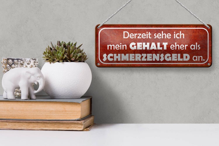 Blechschild Spruch 27x10cm mein Gehalt eher Schmerzensgeld rotes Schild