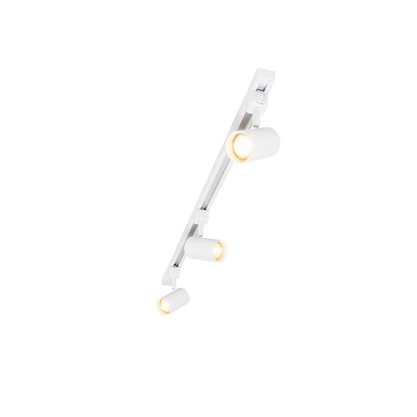 Weißes Schienensystem mit 3 verstellbaren zylindrischen Spots und warmem Licht.