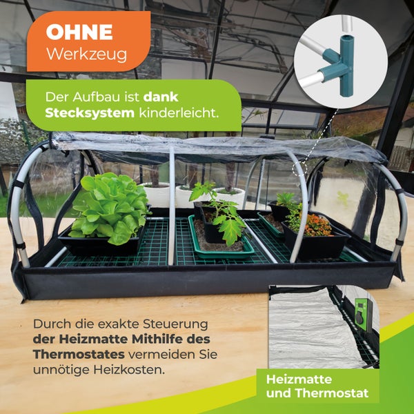 Zimmergewächshaus mit transparentem Folienschutz, werkzeuglosem Stecksystem, Heizmatte und Thermostat zur Temperatursteuerung.