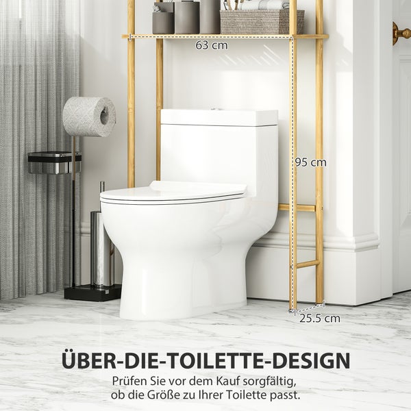 Bambus-Toilettenregal im Badezimmer mit Maßen: Breite 63 Zentimeter, Höhe bis zur ersten Ablage 95 Zentimeter, Tiefe 25,5 Zentimeter.