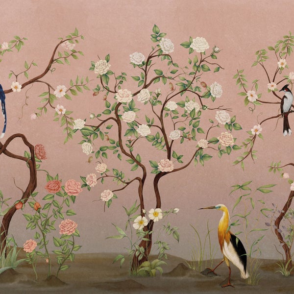 Dekorative Tapete mit Bäumen, Blumen und Vögeln