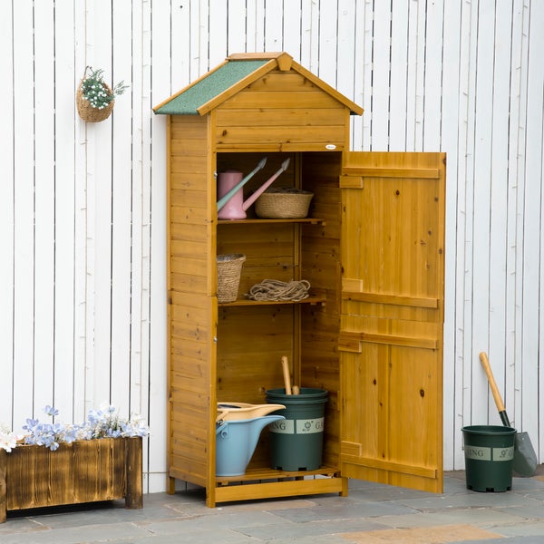 Outsunny Gartenschrank Holz, Geräteschuppen wetterfest 79x49x191,5cm, Gerätehaus mit Doppeltür, Satteldach, Geräteschrank mit Böden, Werkzeugschrank Gartenschuppen für Garten, Terrasse, Naturholz