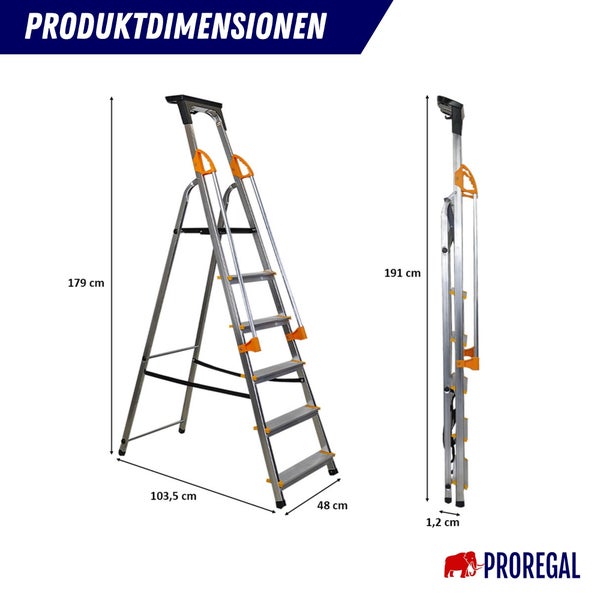 Produktmaße einer silberfarbenen Haushaltsleiter mit sechs Stufen