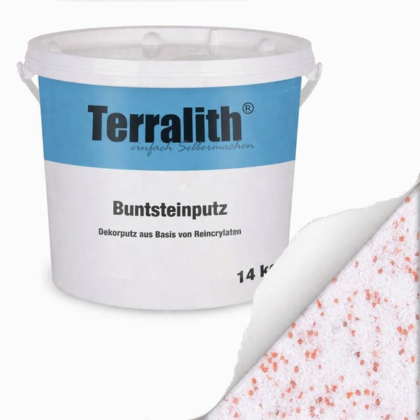 Terralith Buntsteinputz 14 Kilogramm, Dekorputz auf Reinacrylatbasis mit Detailansicht der Struktur.